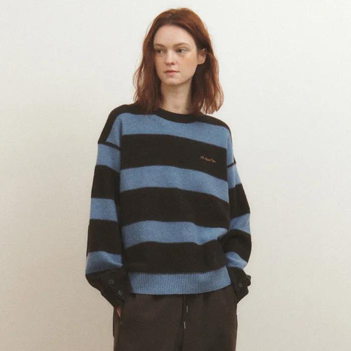 [당일출고] 버튼 스트라이프 크루넥 니트_브라운블루