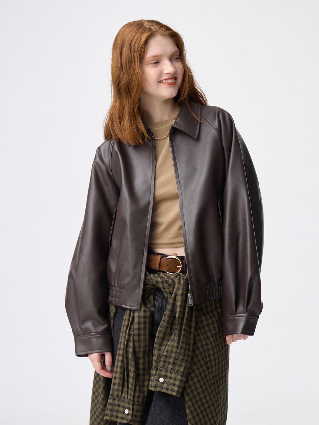 フェイクレザーハリントンジャケット