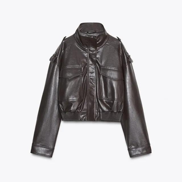 자라 테크니컬 페이크 레더 하이넥 숏 재킷 4749/701 TAUPE GREY