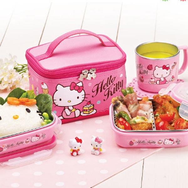헬로키티 레이스 스텐 2단 도시락통 가방세트 어린이 캐릭터 런치박스