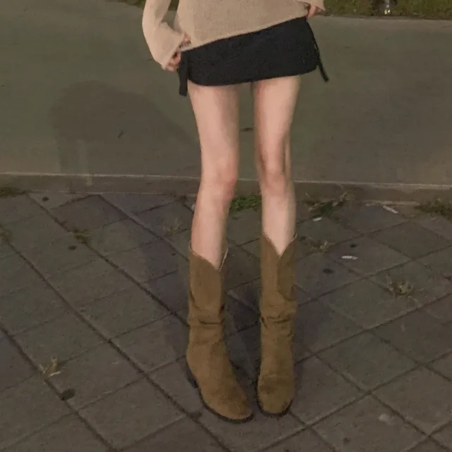 [스웨이드🍂MD소장템] 가을무드 빈티지 웨스턴 통굽 셔링 스웨이드 미들부츠 슬림 링클 스퀘어 주름 슬라우치 하프 부츠 베이직 데일리 하객룩 개강룩 베이지  5szie
