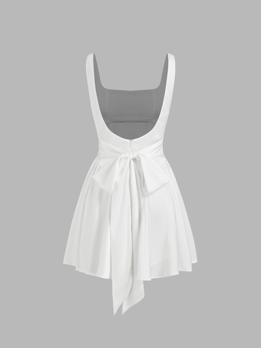 Satin Square Neck Solid Ruffle Knotted Mini Dress