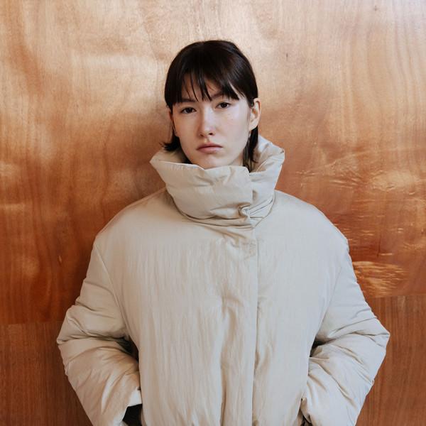 FUNNEL NECK STRING GOOSE DOWN JACKET - LIGHT BEIGE