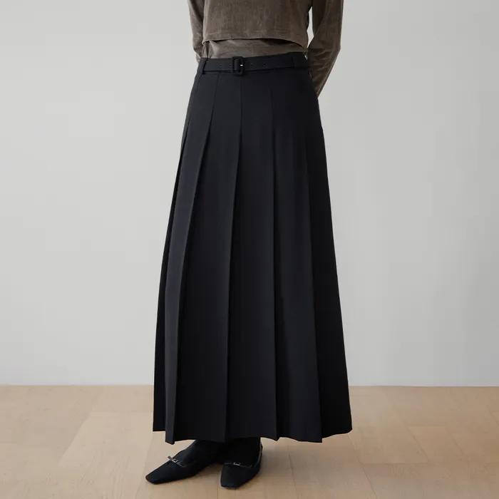 [11차] Classic Belt Pleats Maxi Skirt - Black