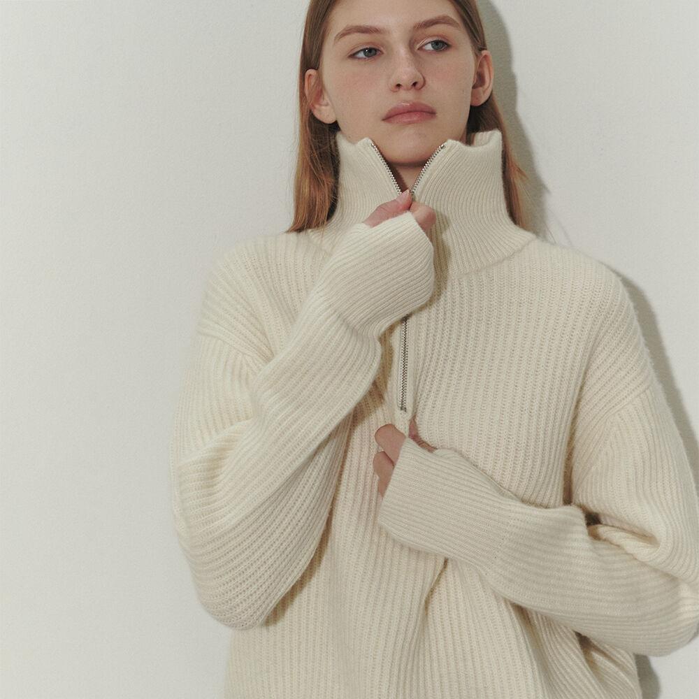 UNISEX HALF ZIP-UP RIBBED WOOL SWEATER CREAM_UDSW3D128CR