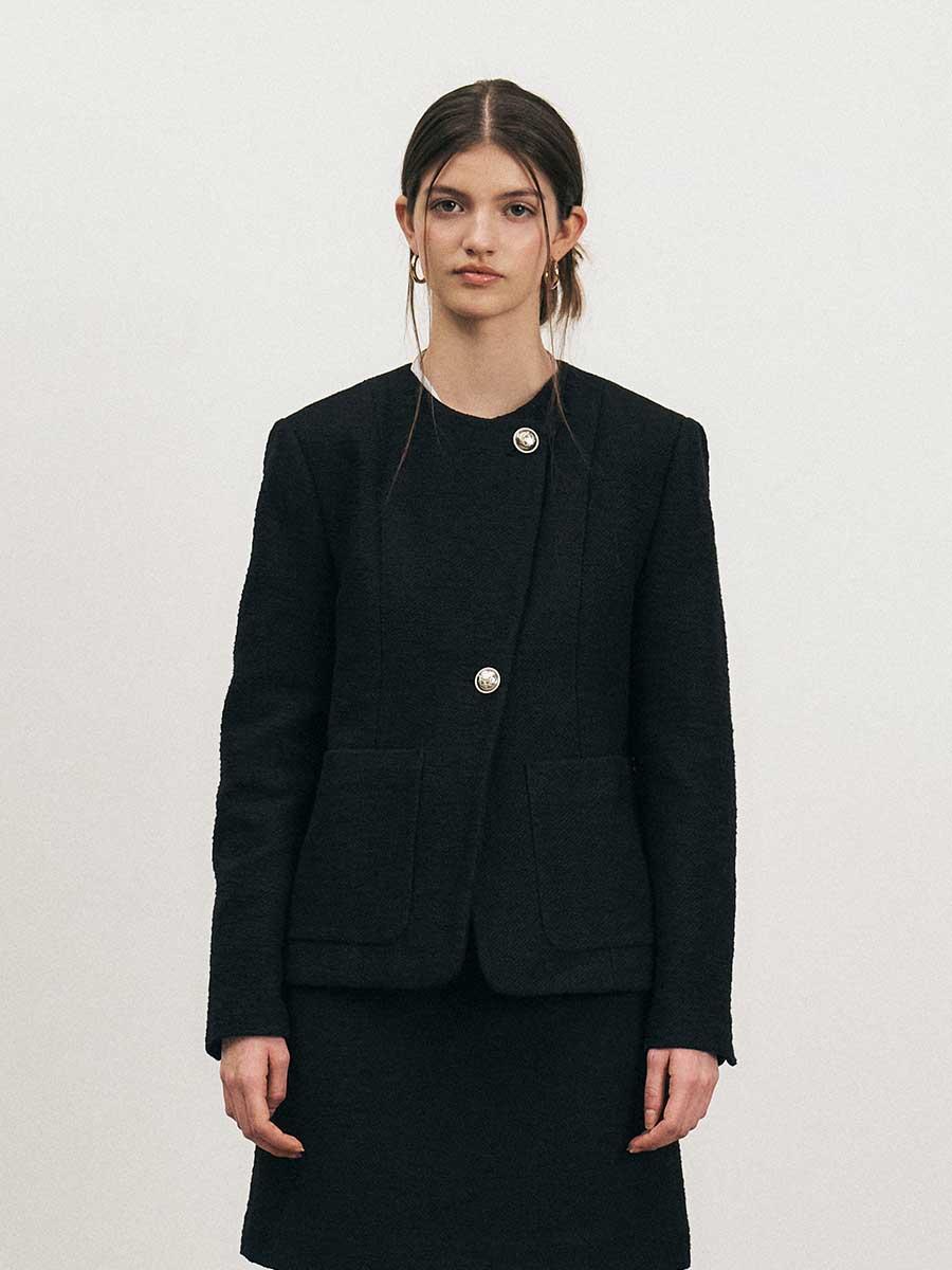 TFS COLLARLESS TWEED BLAZER_BLACK