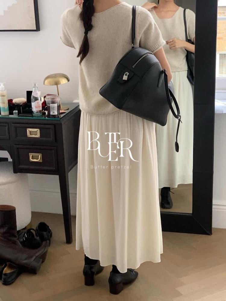 버터프레즐마켓 jinsim 진심 베일 스커트 밴딩 A라인 플레어 셔링 롱 스커트