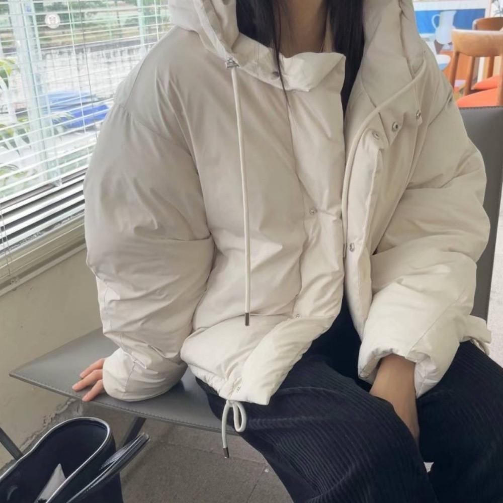 심플베이지 후드 덕다운 스트링 패딩 점퍼