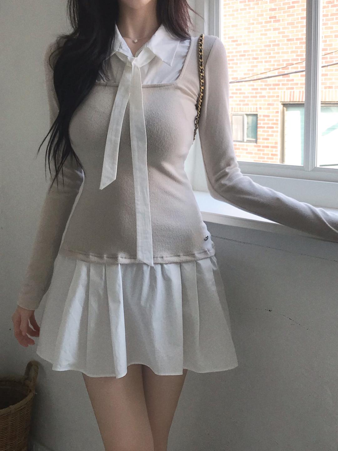 잔느 [차콜숏 당일발송] [MADE]  CLICHE TIE LAYERED SHIRT DRESS