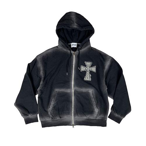 Hell Heaven Cross Vintage Sweat Hood Zip-up ((Black))
