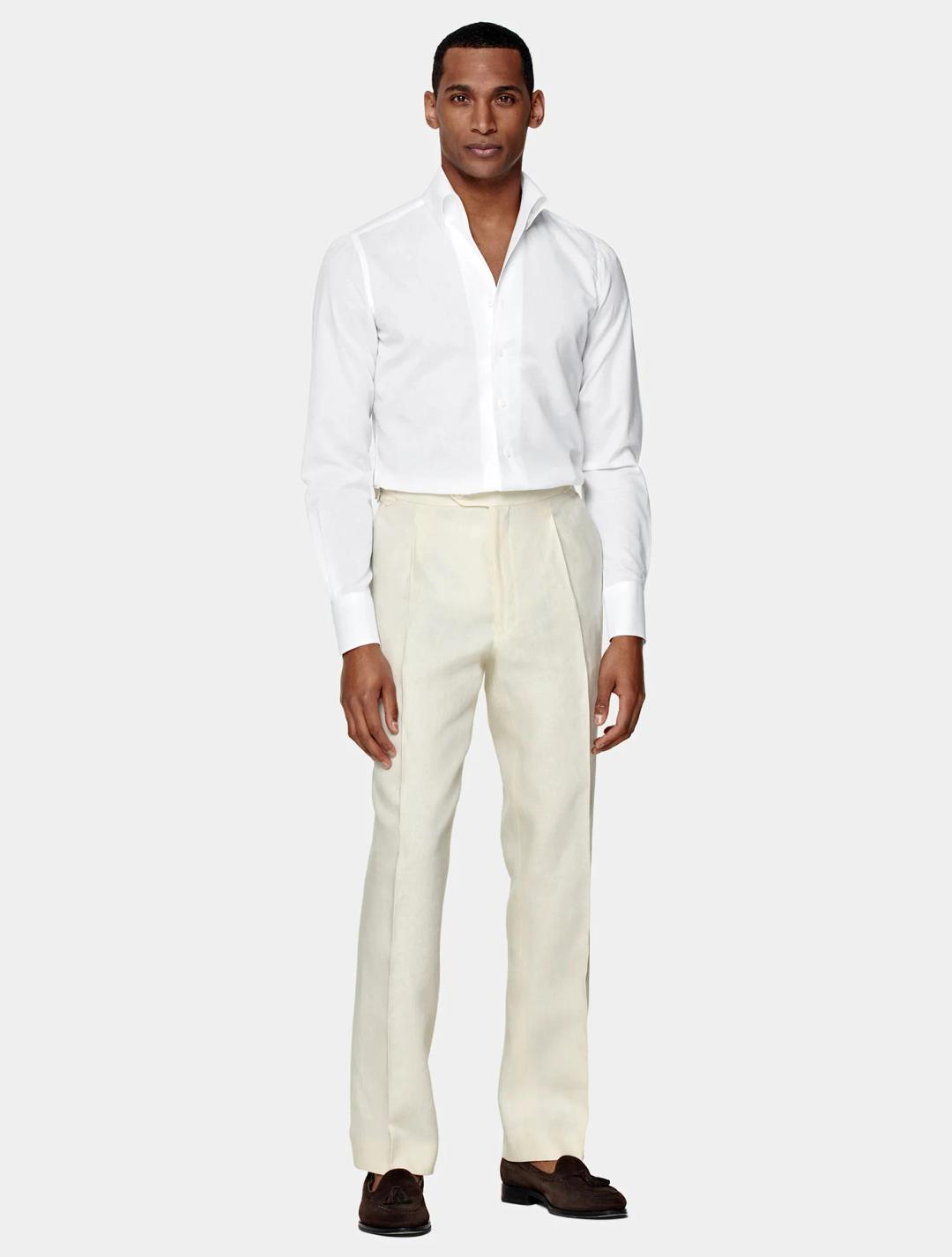 Albini 코튼 리넨 원피스 칼라 셔츠 - White