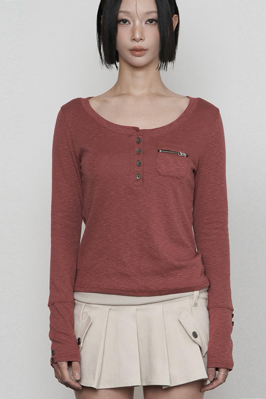 Henley neck Button Pocket Long sleeve (WHINE)
