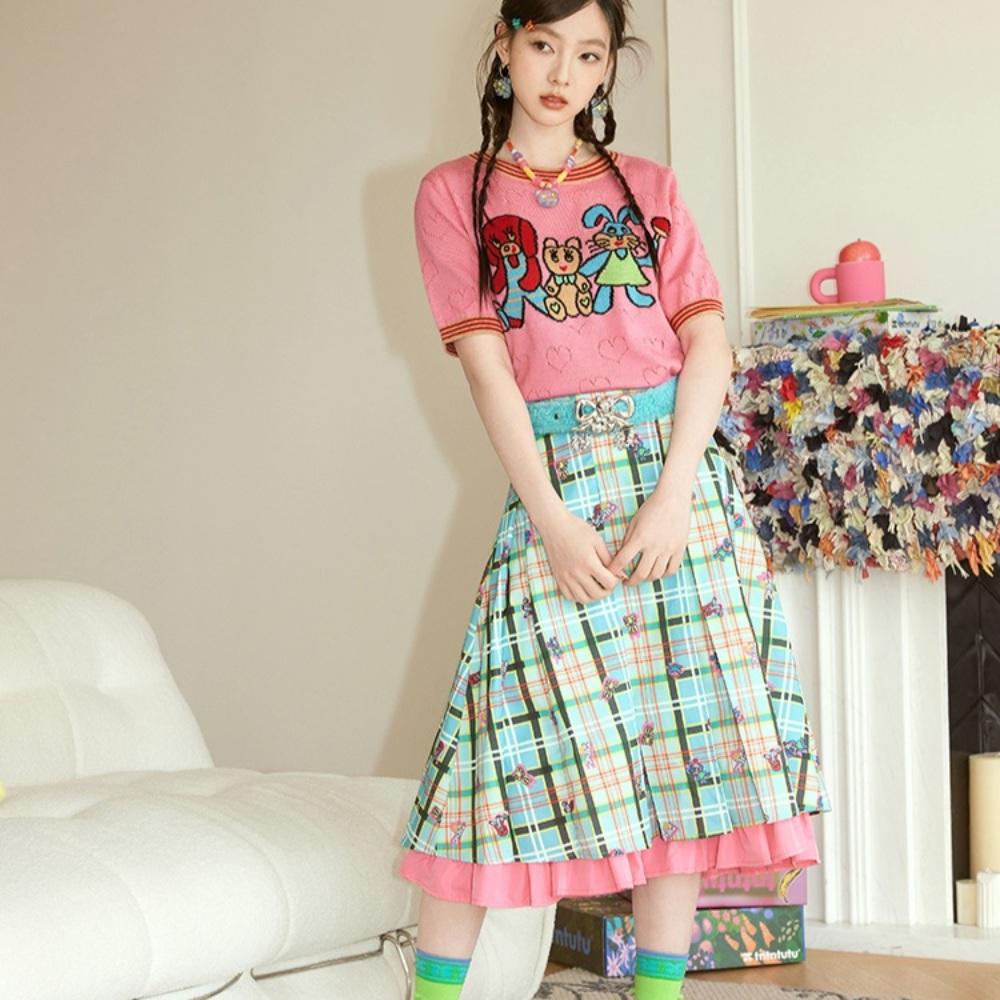 TNTNTUTU 체크 A라인 스커트 그린 레이어드 프린팅 치마