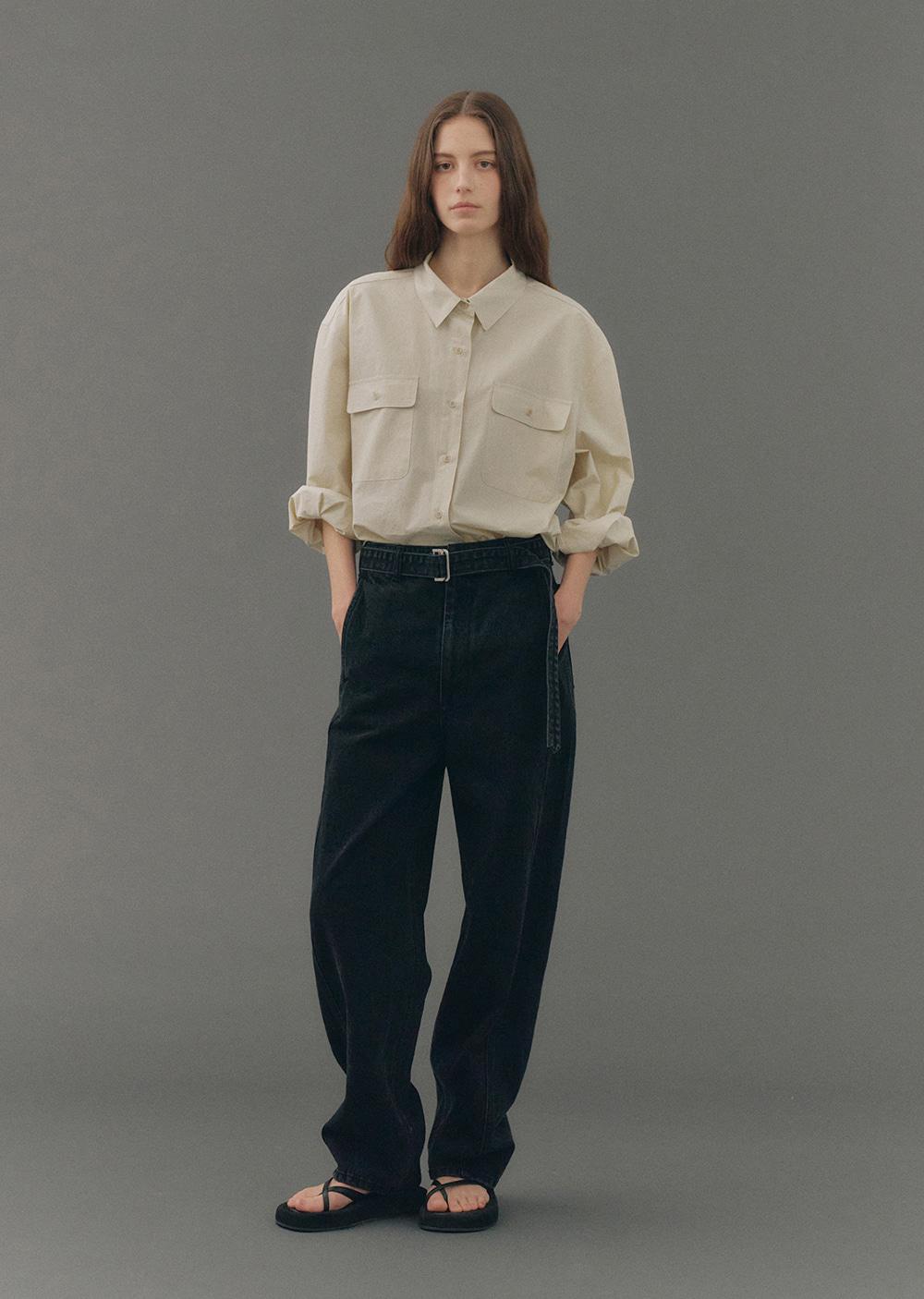 belted curved denim pants (dark gray)
