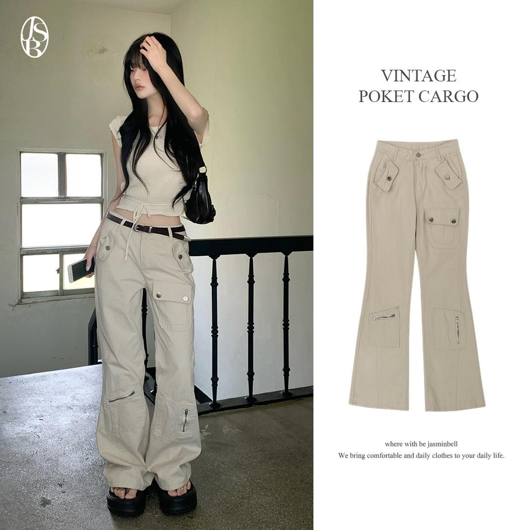자스민벨 [핏보장!/힙,슬림핏🖤] 도프 빈티지 포켓 절개 로우웨스트 카고 세미 부츠컷 롱 팬츠 바지 고퀄리티 슬림핏 Y2K