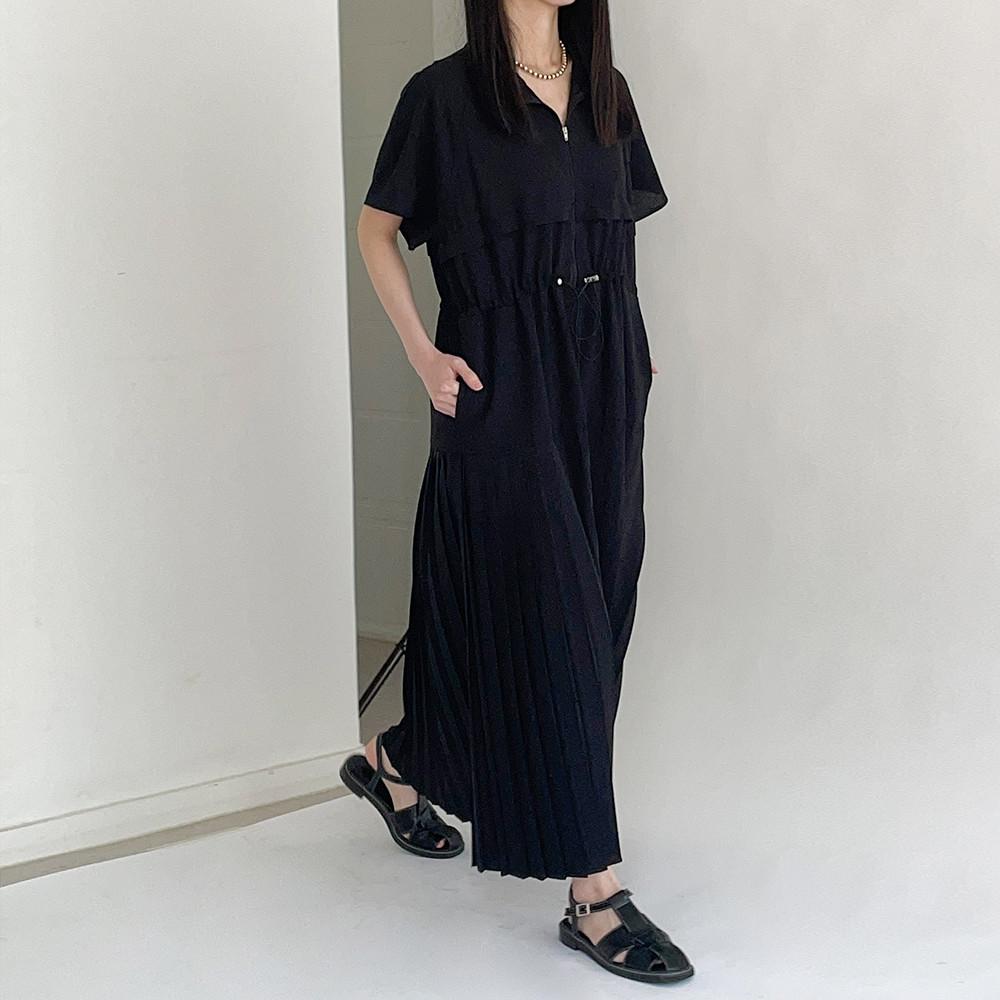 집업 플리츠 반팔 롱 원피스 (2color)