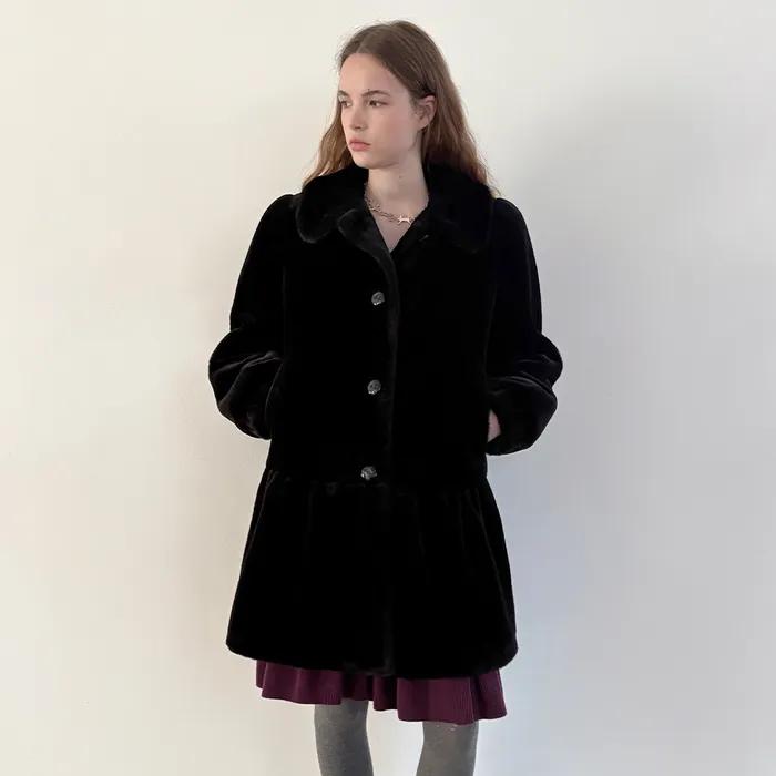 SN Ruffled Shearling Fur Coat (Black)