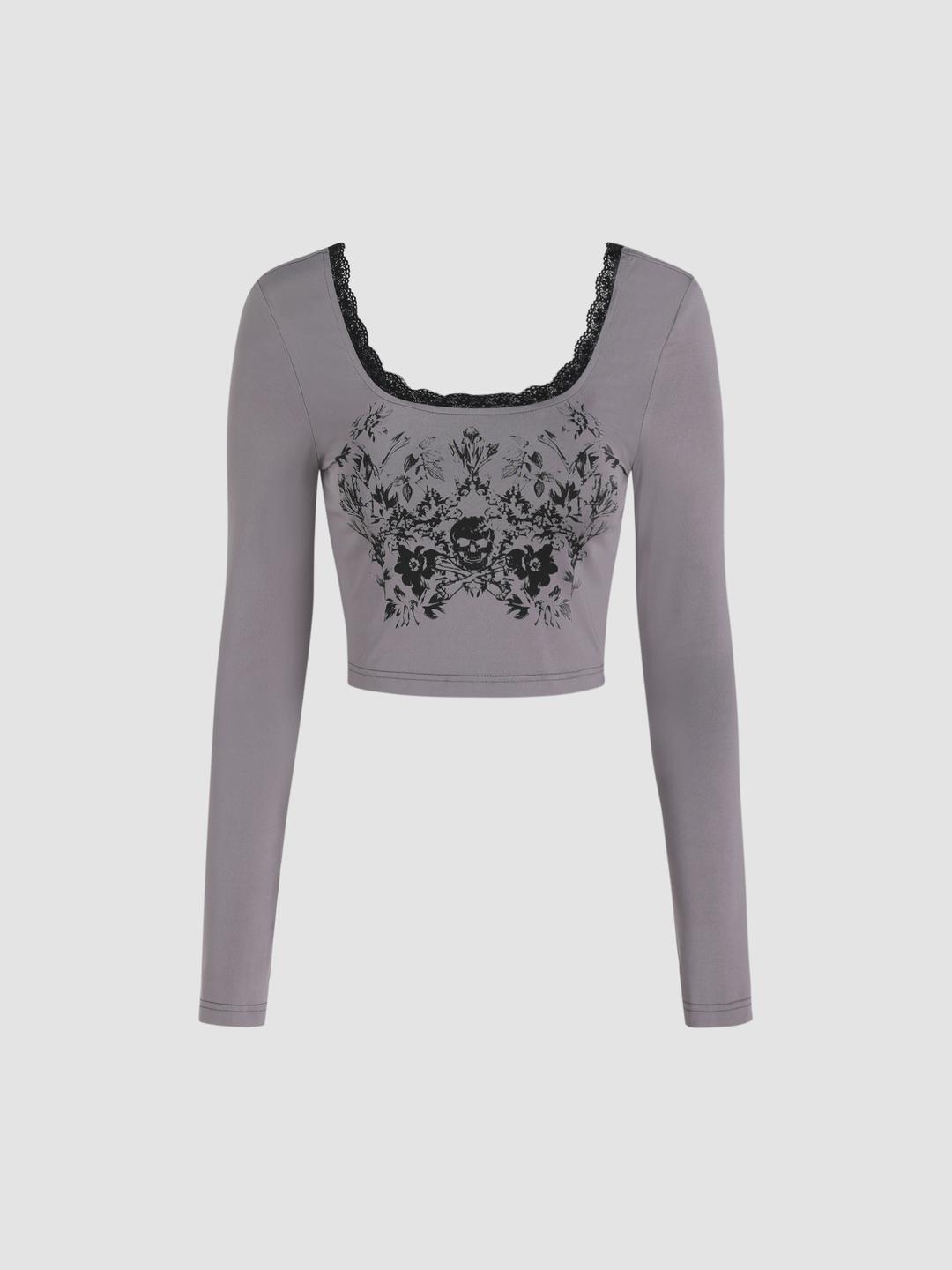 Graphic Lace Trim Long Sleeve Crop Top