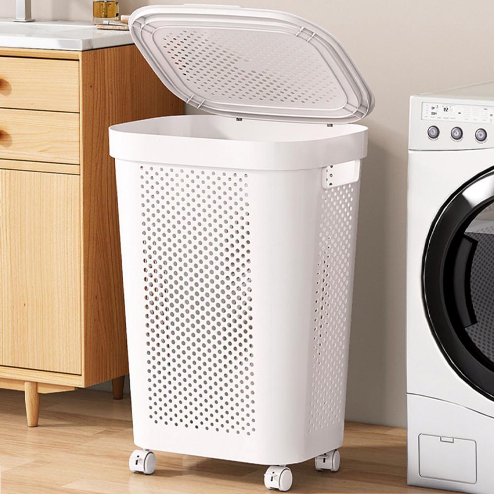 바퀴달린 이동식 대용량 빨래바구니 메쉬 세탁바구니 대형 화이트