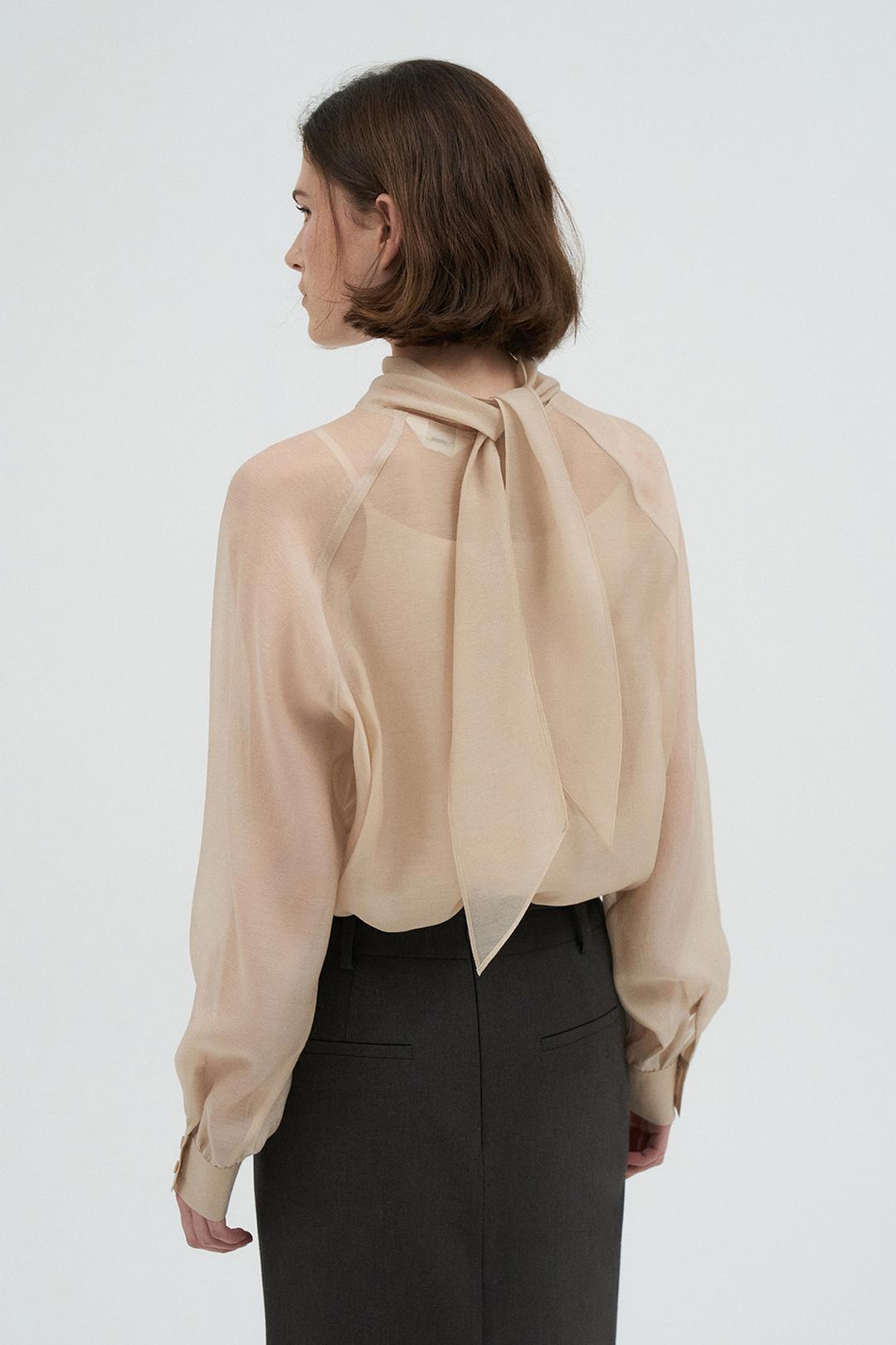 [5차 리오더]Tie See-through Blouse[LMBEAUSH314]-Light Beige[10/13 예약배송,10/2 이후 주문 10/17 예약배송]