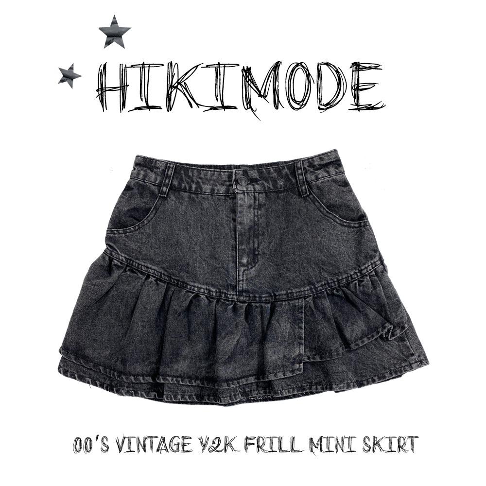 00's 빈티지 레트로 Y2K 사선 프릴 캉캉 흑청 데님 미니스커트