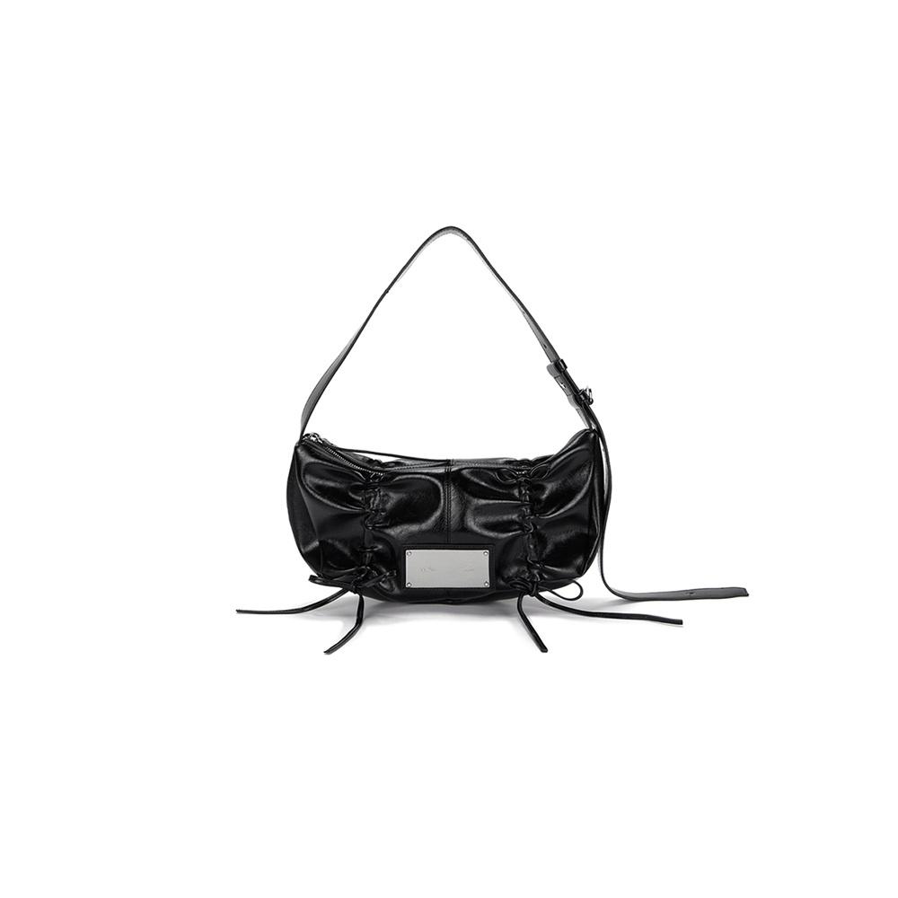 HALF SHIRRING RIBBON ROUND BAG IN BLACK
