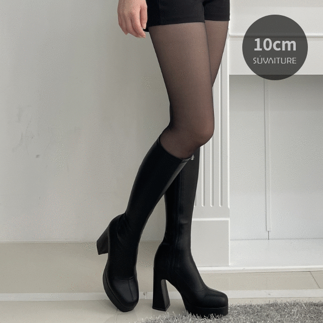 [당일출고/자체제작] 10cm 흘러내림x 종아리 착붙 각선미 통굽 가보시 롱부츠 힐 S-1043