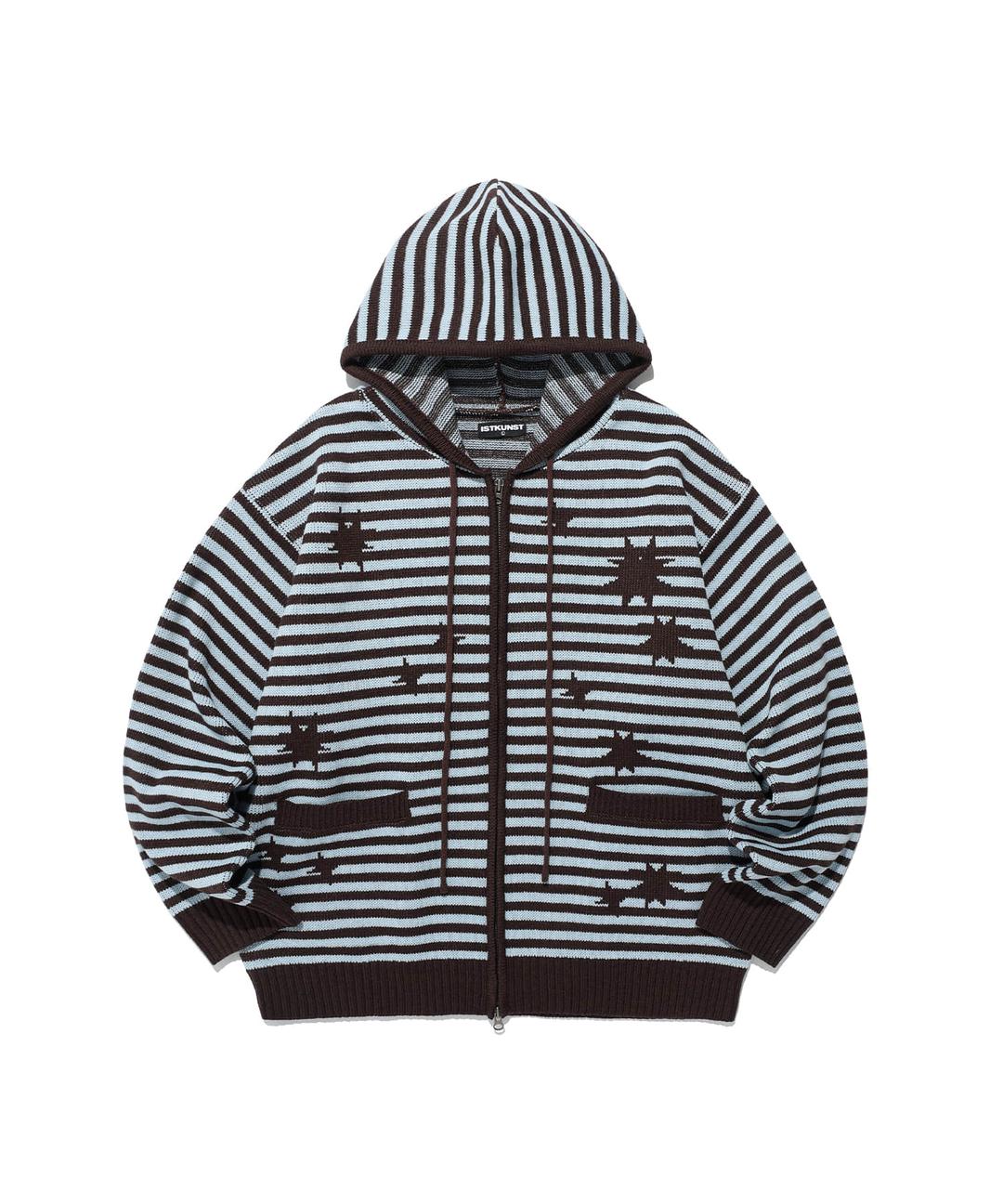 star stripe knit hood zip up_brown