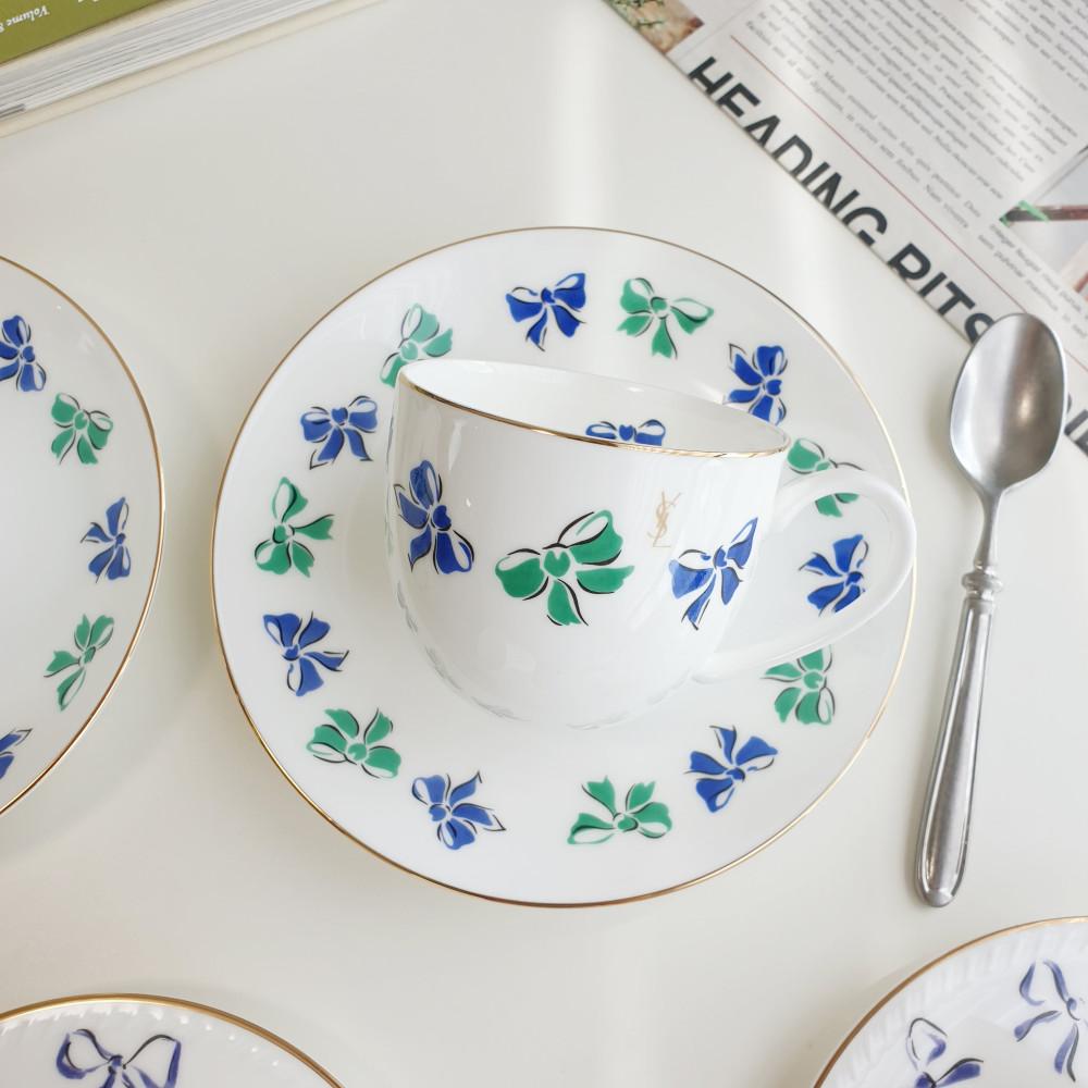 [빈티지] 입생로랑 블루 & 그린 리본 컵앤소서 소소한식탁