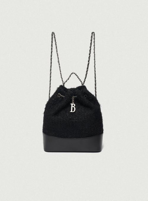 Tweed Drawstring Chain Backpack_Black