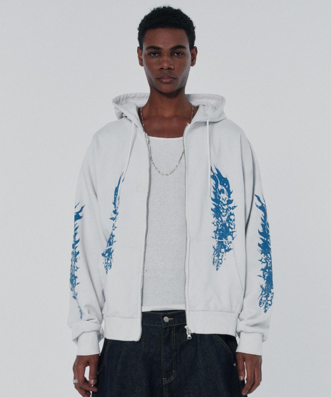 FIRE SKULL HOOD ZIP UP [WHITE]