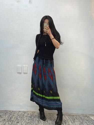 Navy ethnic patterned long skirt