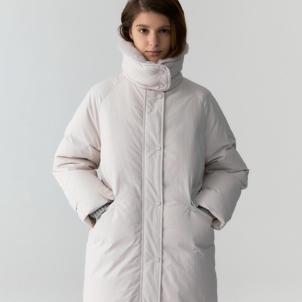 fur collar long padded coat - gray