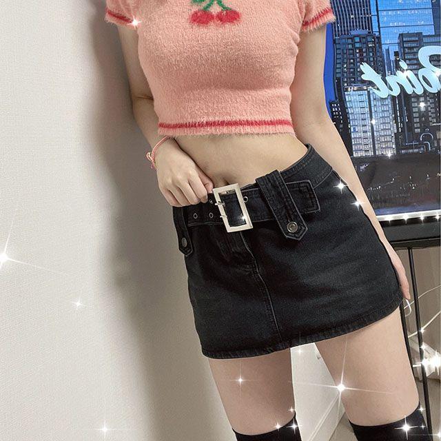 [당일출고/하이틴/빈티지/치마바지]힙st 로우라이즈 벨트 펀칭 버클 흑청 미니 데님 스커트 팬츠 치마바지 속바지 레트로 블랙진 하이틴 키치 빈티지_파인컬러
