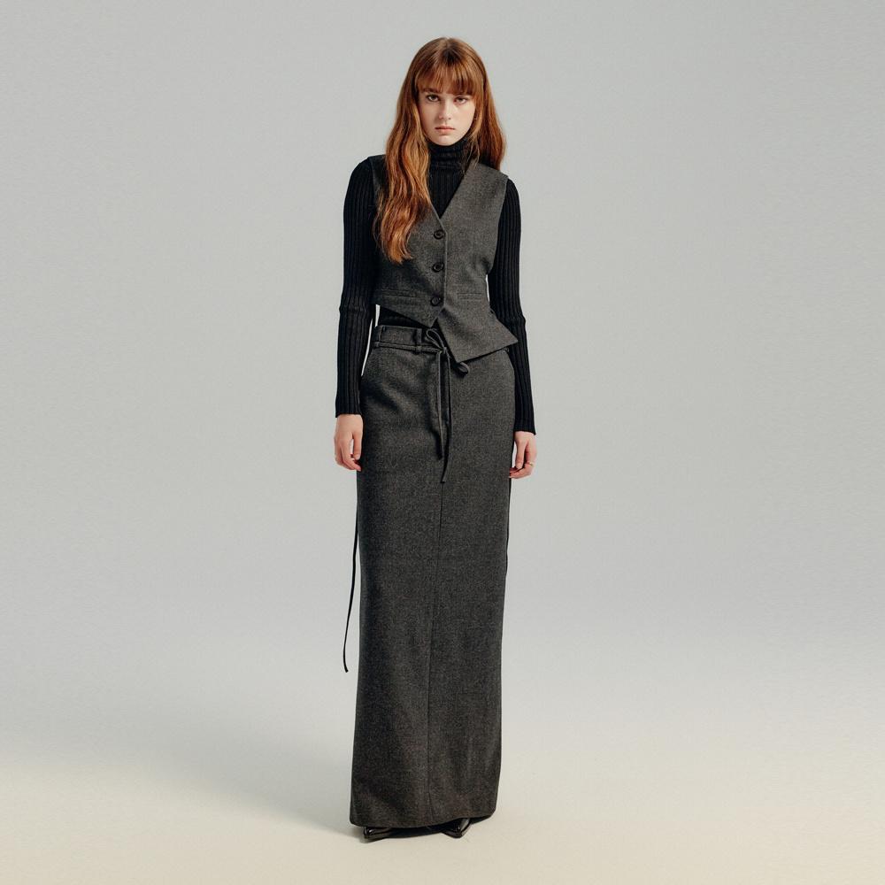 STRING TIED WOOL MAXI SKIRT - CHACOAL