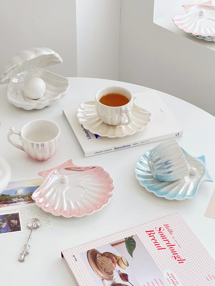 펄 샤이닝 커피잔 조개 쉘트레이 세트 진주머그컵