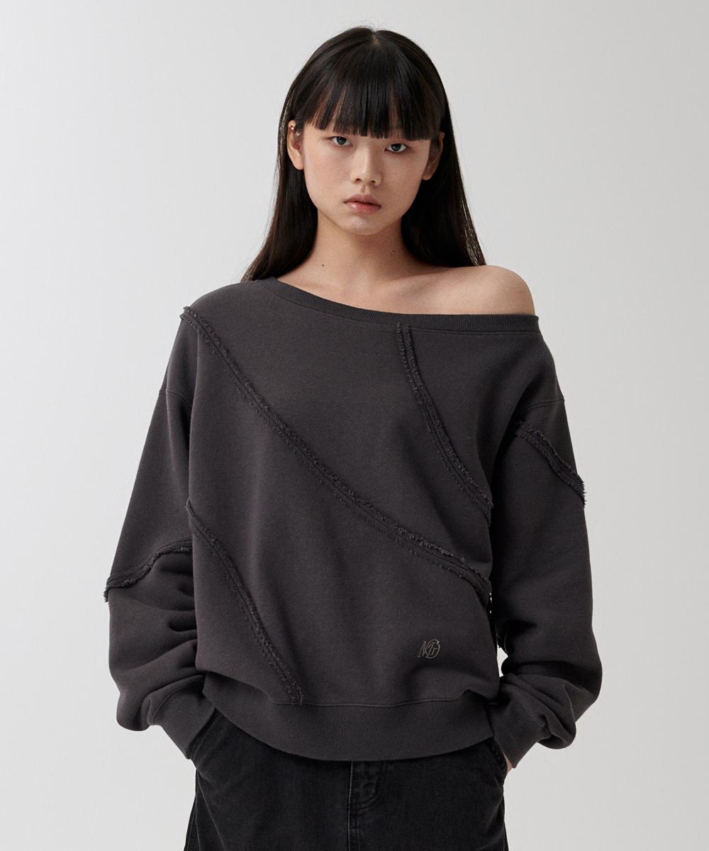CUT OFF ONE SHOULDER SWEATSHIRT[CHARCOAL]