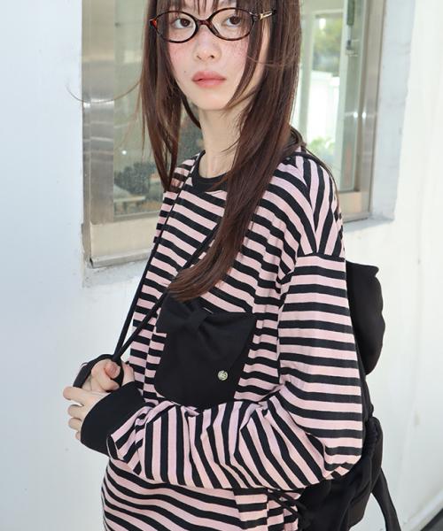 RIBBON POCKET STRIPE LONG SLEEVE BLACK PINK