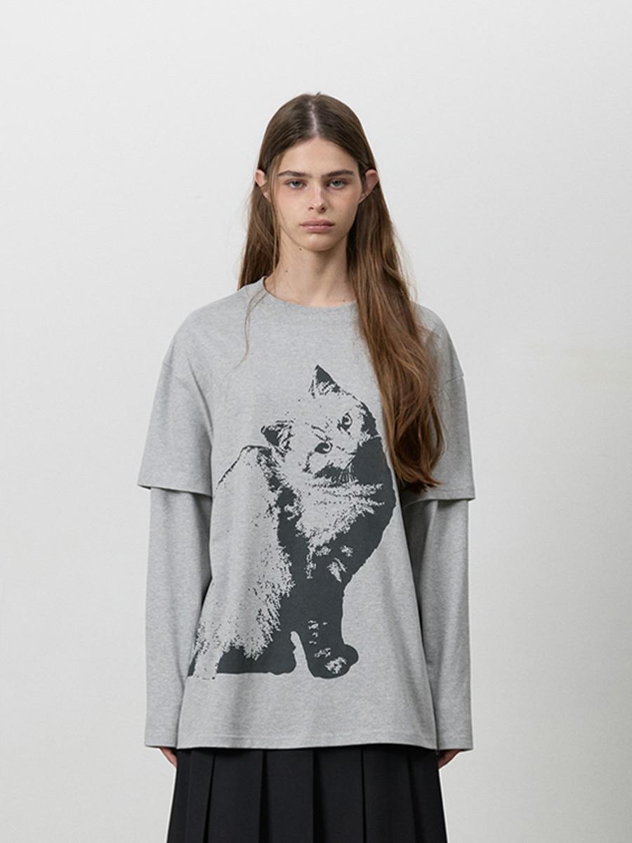 DOUBLE LONG SLEEVE CAT TEE M.GREY
