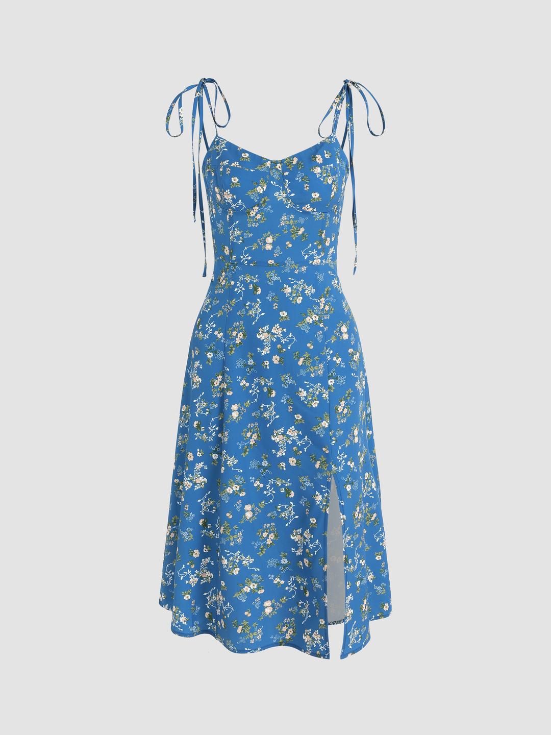 Ditsy Floral Tie Shoulder Slit Midi Dress