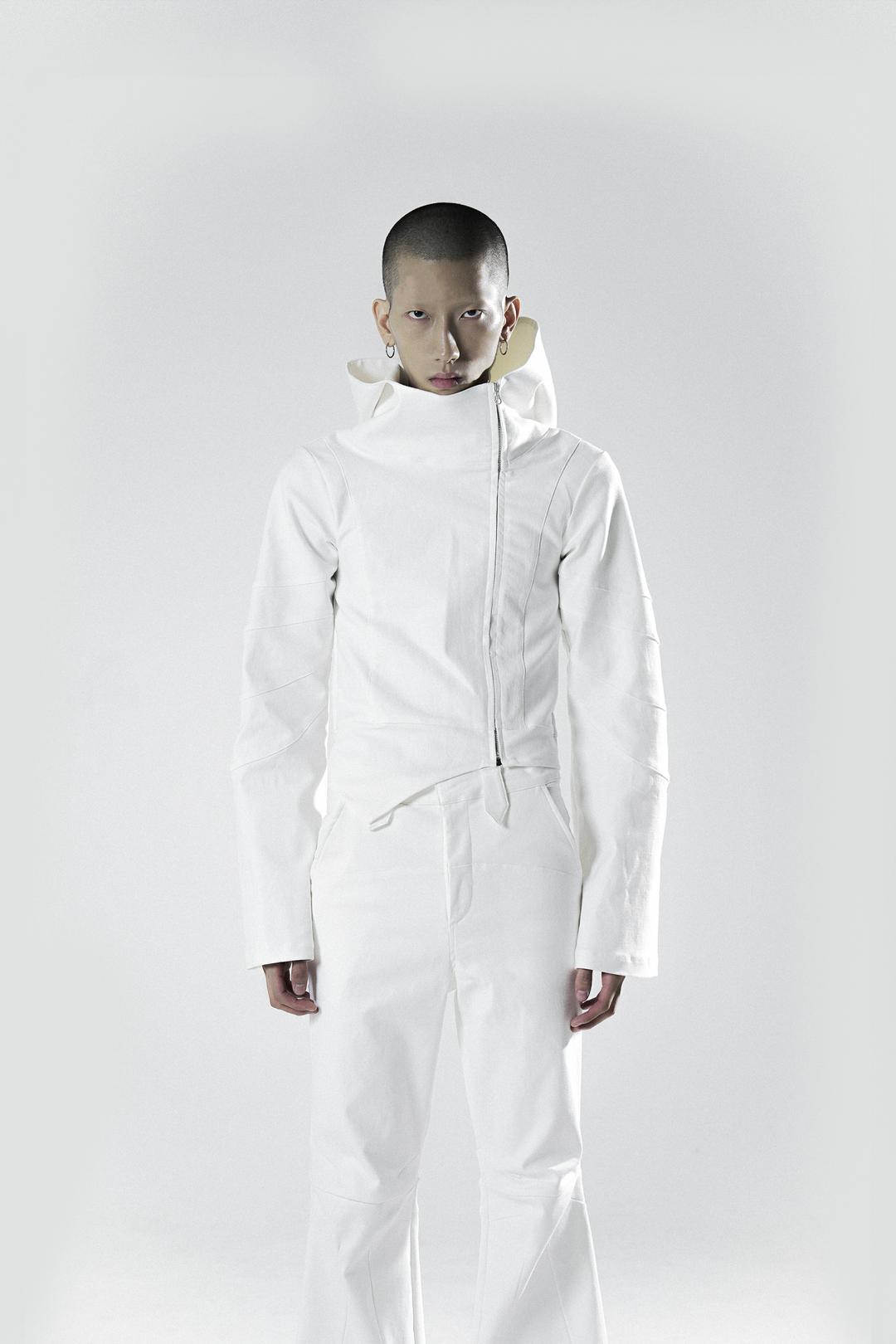 High neck unbalance hood jacket [White] [ONE SIZE] [HAND-MADE]