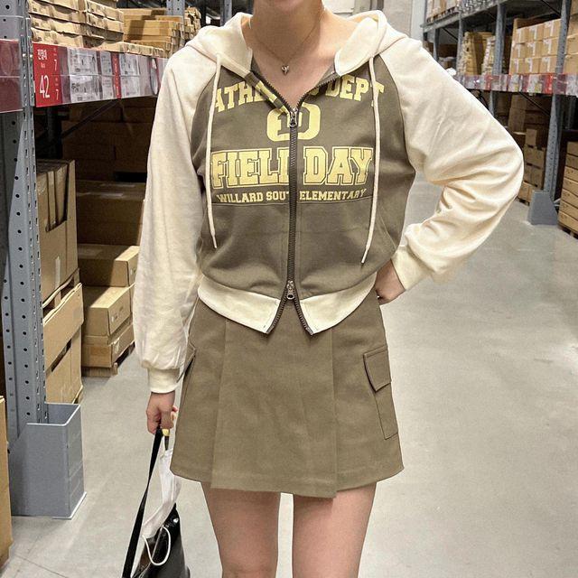 (4color/기모ver추가!) Y2K 필드데이 레터링 빈티지 래글런 배색 나그랑 루즈핏 세미 크롭 투웨이 후드 집업