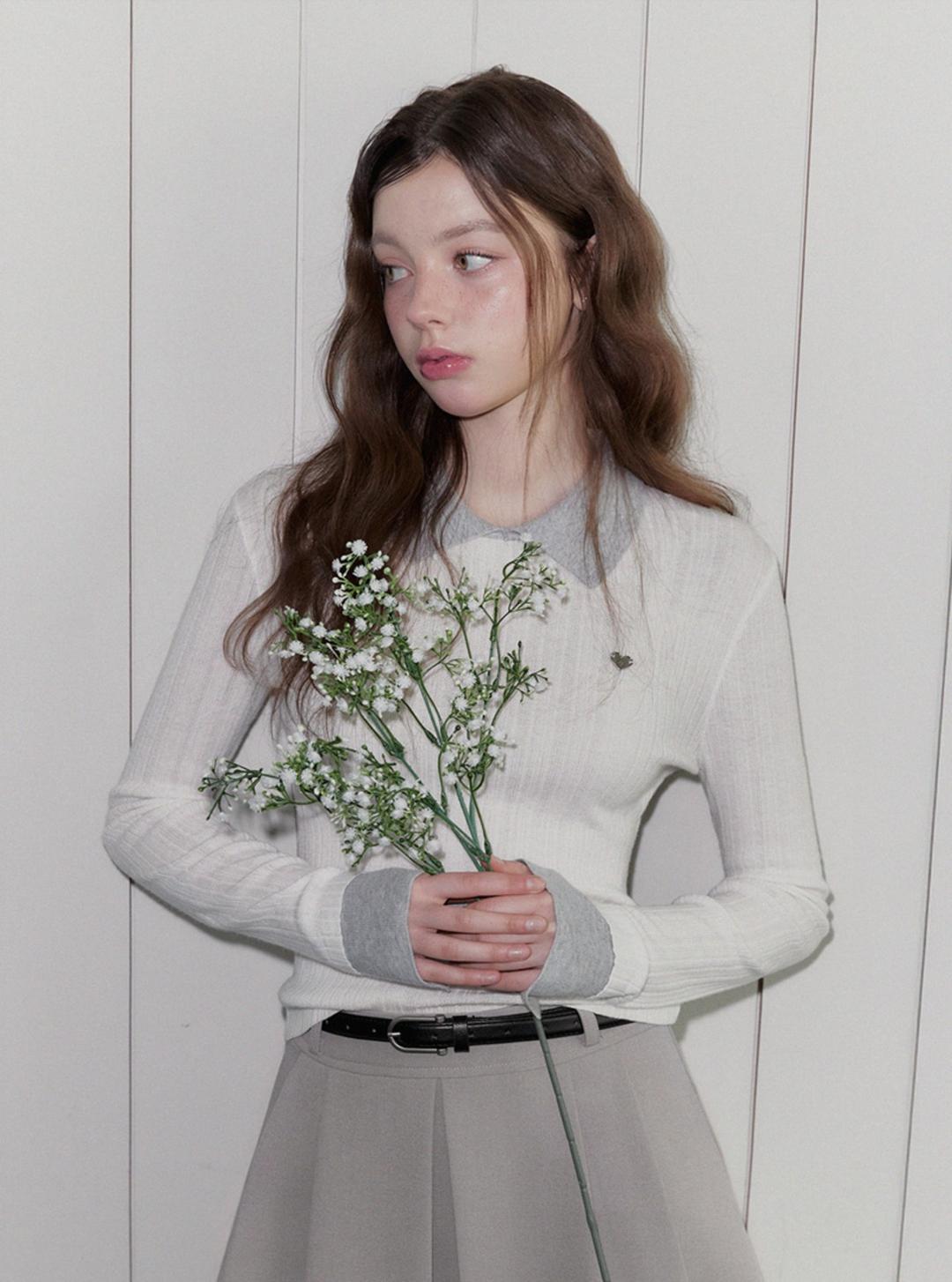 트위 그룸 카라 배색 긴팔 니트