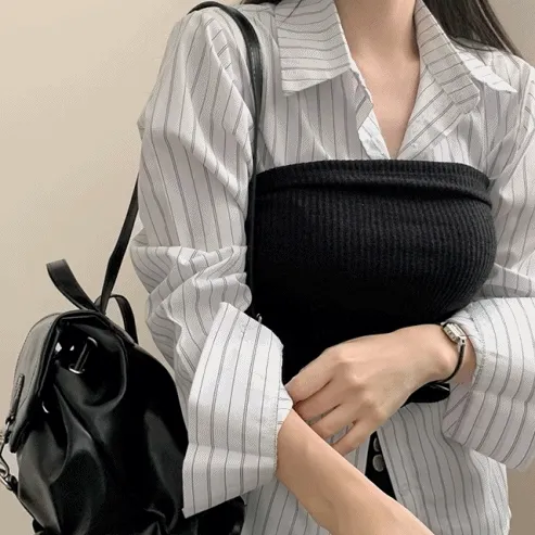(타이set) 크롭탑 골지 셔링 레이어드 크롭 탑 (4color)