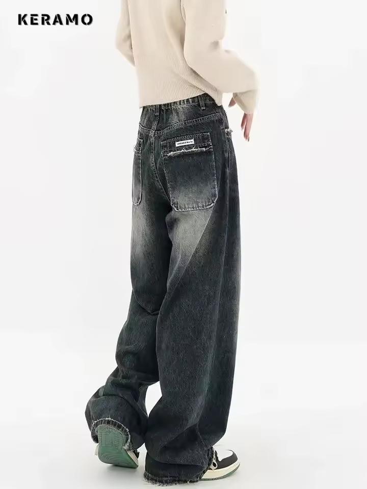 하라주쿠 streetwear 레트로 패션 가을 여성 하이 웨스트 청바지 루즈 와이드 레그 스트레이트 루즈 데님 바지 y2k 헐렁한 바지