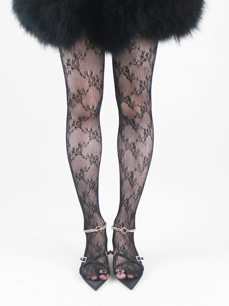 30%Off Black Flower Pattern Fishnet Tights