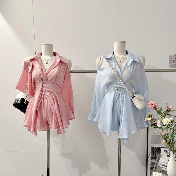 이프유마인 [셔츠+반바지set!/페미닌!] 봄 오벨 진주 어깨 트임 투웨이 쉬폰 실키 새틴 벨트 스트랩 벌룬 퍼프 긴팔 셔츠 카라 블라우스 밴딩 와이드 반바지 숏팬츠 투피스 세트 [4color]
