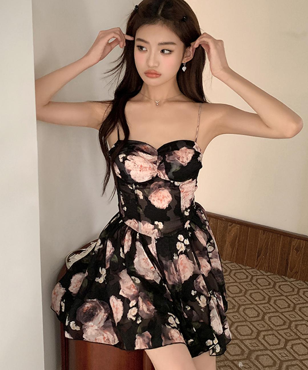 샤샤클럽 [휴양지룩] [S~L] 핑크 꽃무늬 하트넥 뷔스티에 A라인 플레어 나시 미니 원피스 휴양지 바캉스 Z-SSC 8158