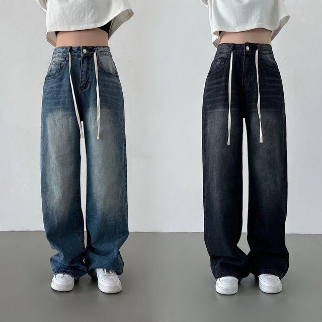 인생바지[허리조절가능/S,M,L] 허리끈 스트링 하이웨스트 와이드팬츠 데님팬츠 흑청 진청 가을팬츠
