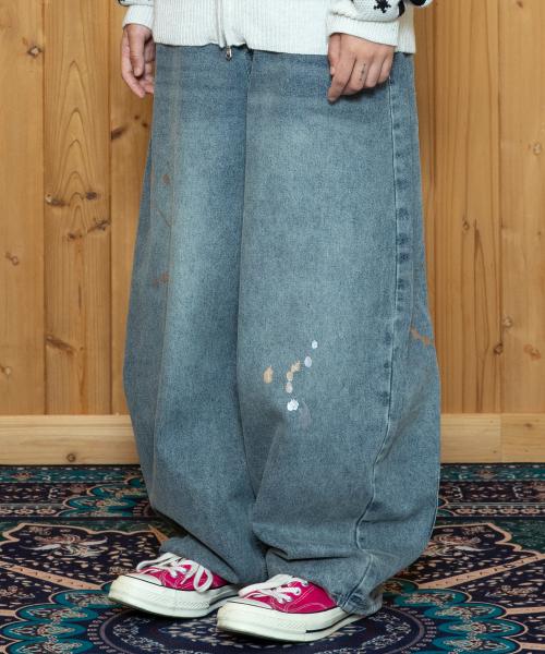 XP302 실버 페인팅 벌룬 데님 팬츠 (BLUE)